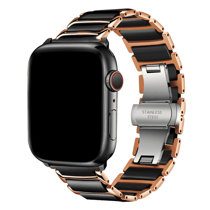 Armband für Apple Watch aus Keramik, Edelstahl in der Farbe Rosegold/Schwarz, Modell Athen #farbe_Rosegold/Schwarz